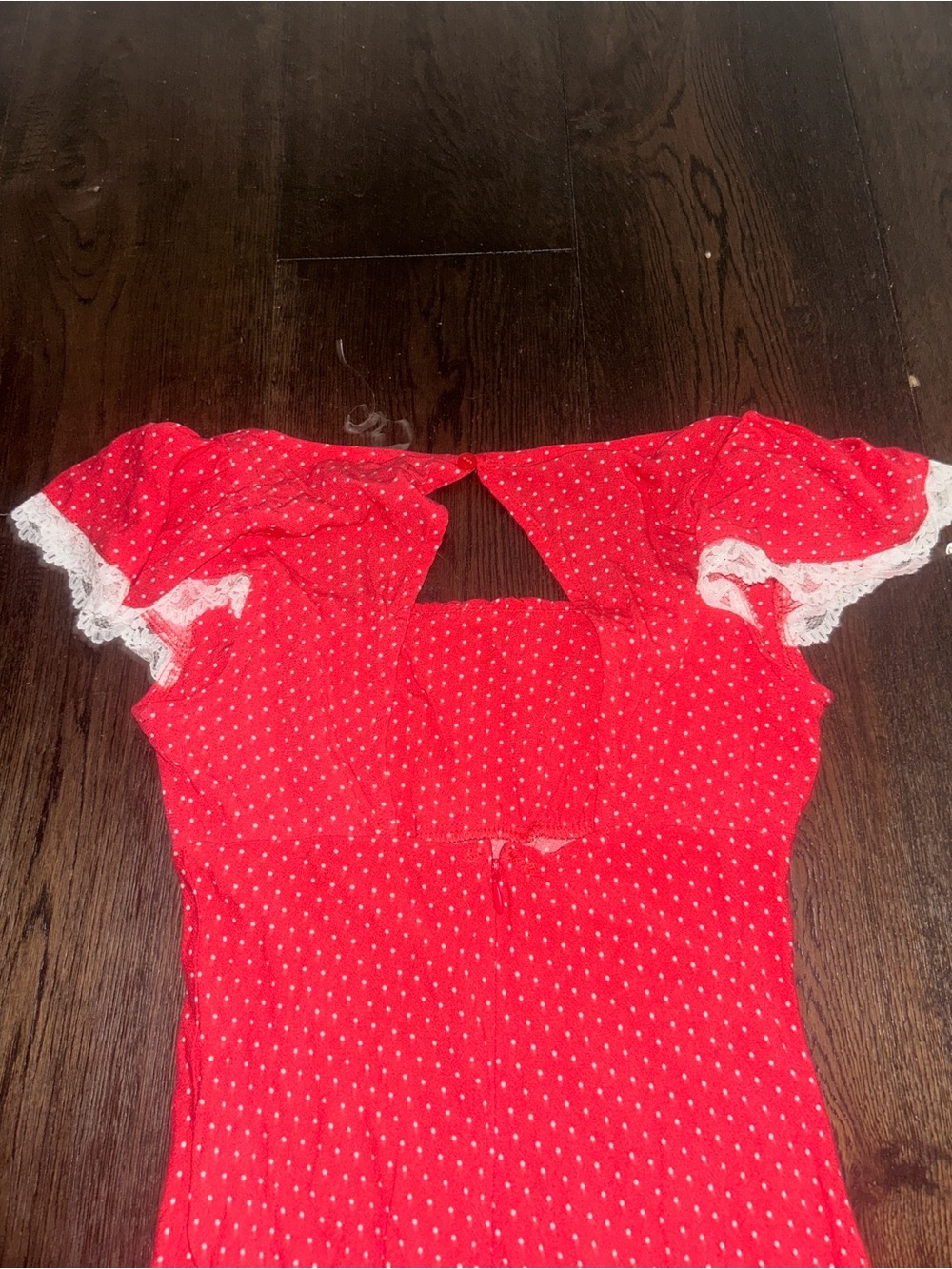 wild fable Red Polka Dot Lace-Trim Puff Sleeve Top